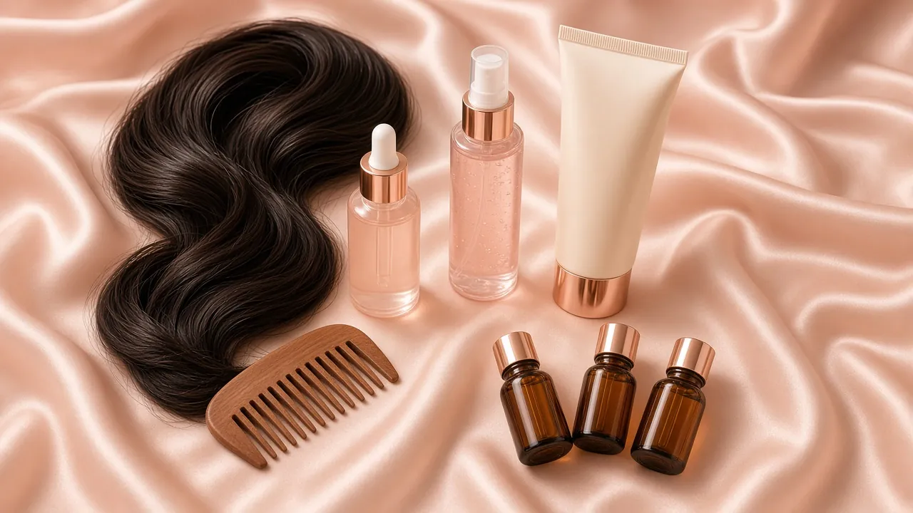 Hair care products and a comb beside dark wavy hair