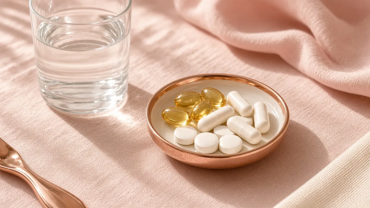 Supplement capsules beside a glass of water