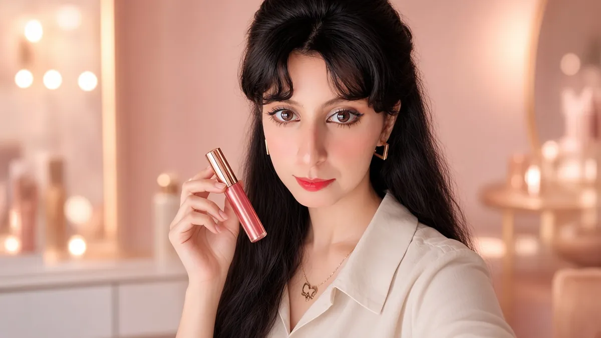 Shahad holding a lip gloss at her vanity