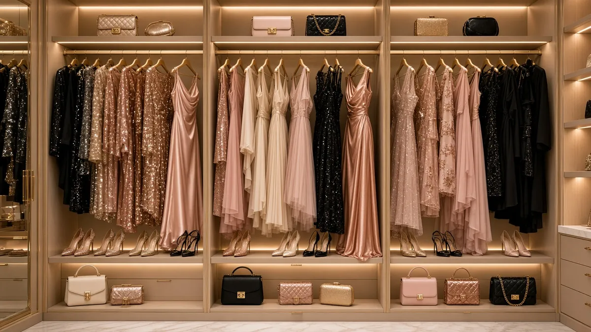 A closet full of sparkly dresses and gowns