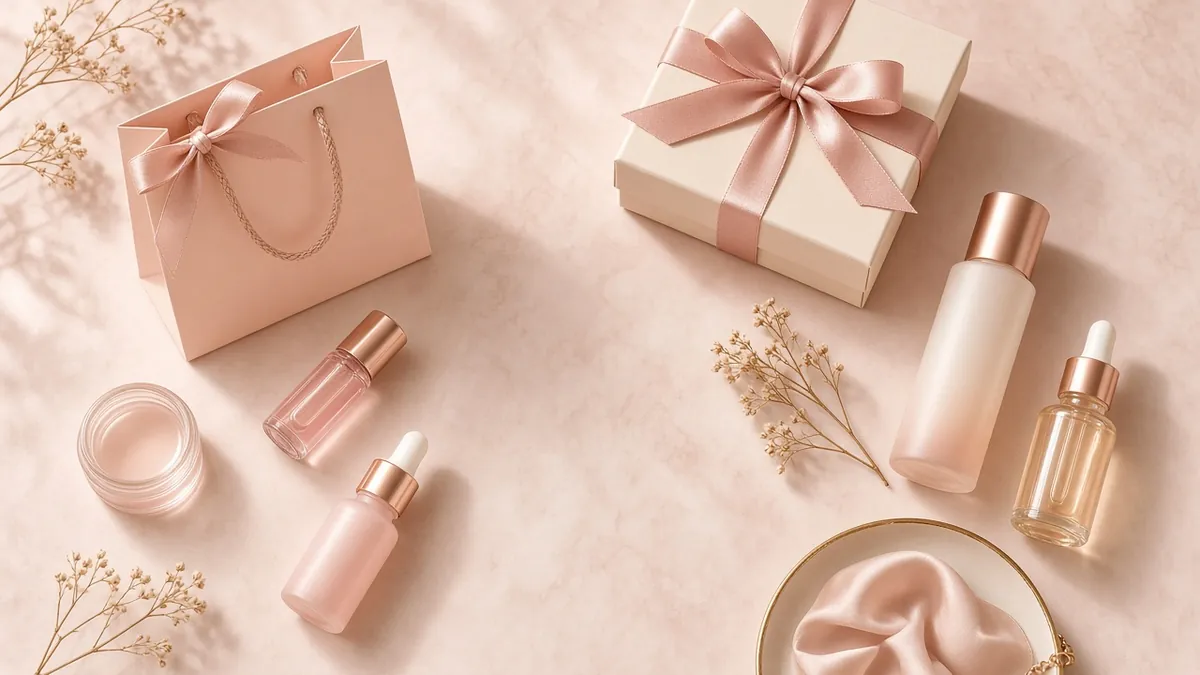 Beauty products, gift boxes and finds in soft pink
