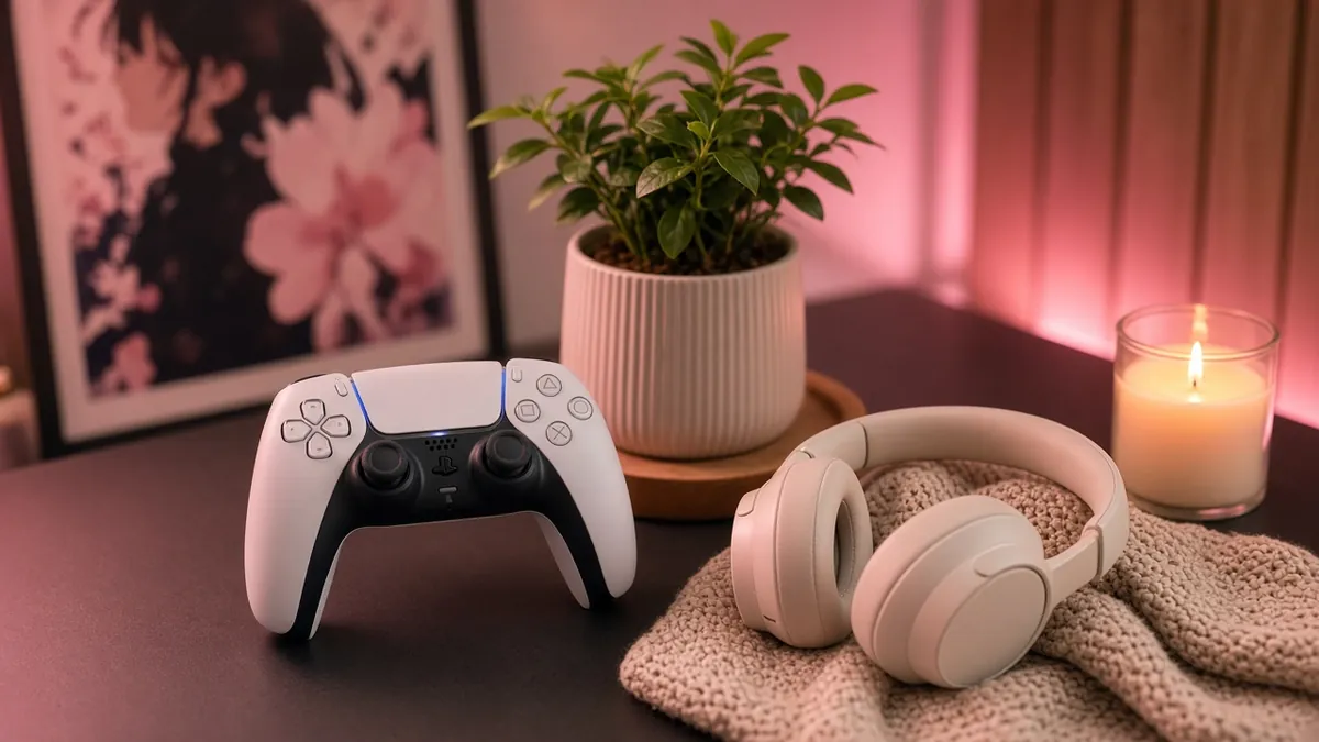 Game controller, headphones and cozy desk setup